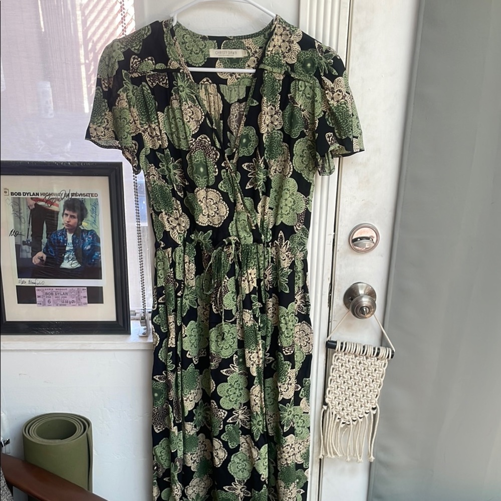 Christy Dawn Green and Black Flutter Sleeve Midi Dress